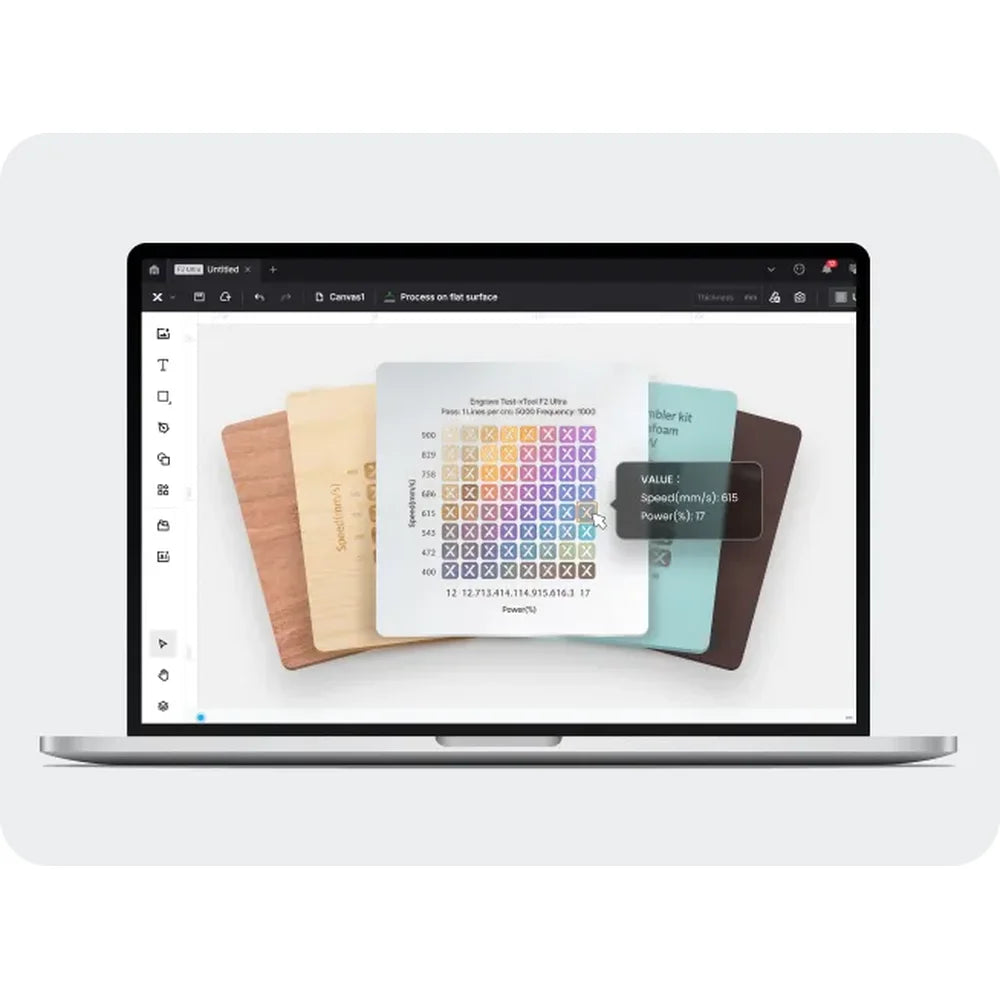 Laptop displays metal color parameters for xTool F2 Ultra UV Laser processing