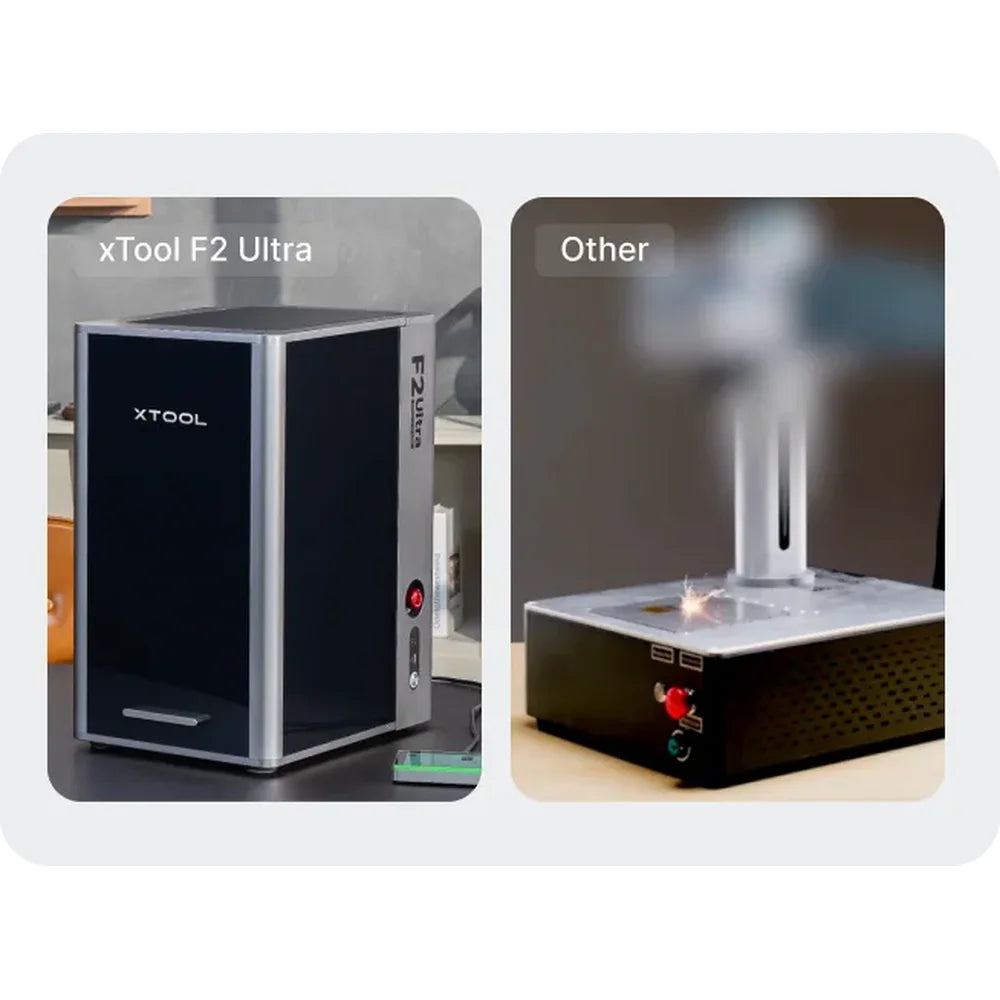 Enclosed xTool F2 Ultra Color Engraving machine contrasted with an open-frame fiber marker