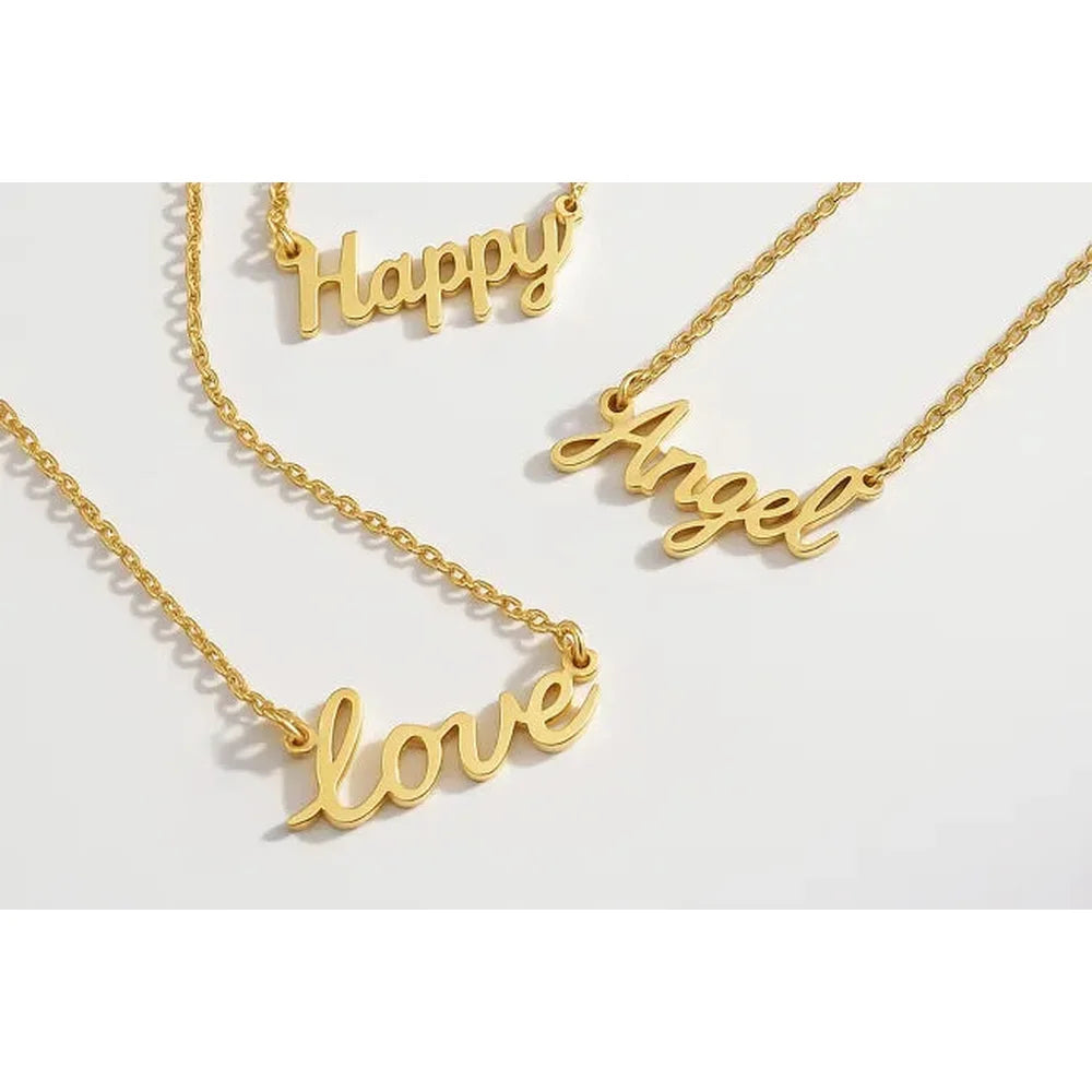 Three gold script necklaces shown as xTool F2 Ultra UV Laser metal cutting projects