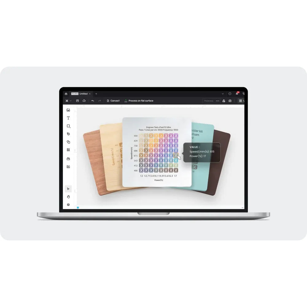 Color test chart and selected settings shown in software for xTool F2 Ultra 60W MOPA