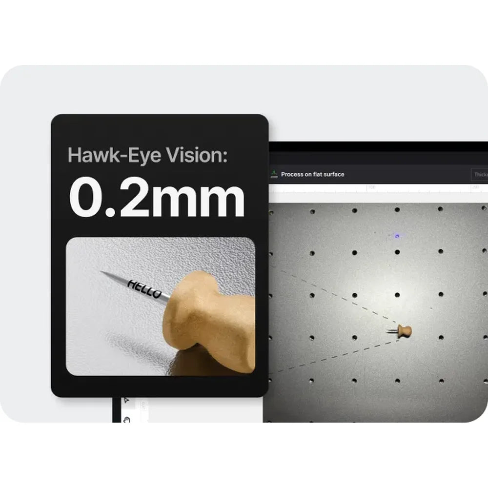 Tiny pin placement screen shows 0.2 mm camera positioning for xTool F2 Ultra Color Engraving