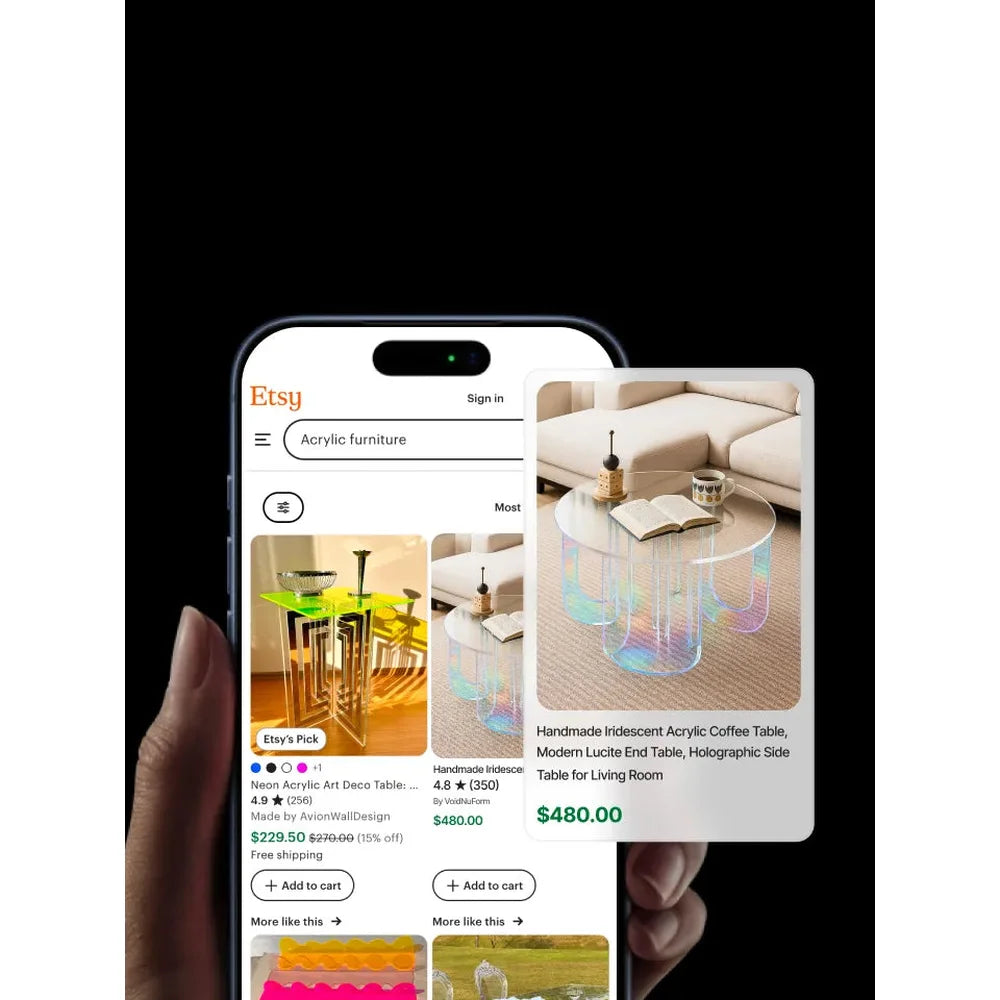 Acrylic furniture listings on a smartphone illustrate products made with the xTool P3 dimensions workspace