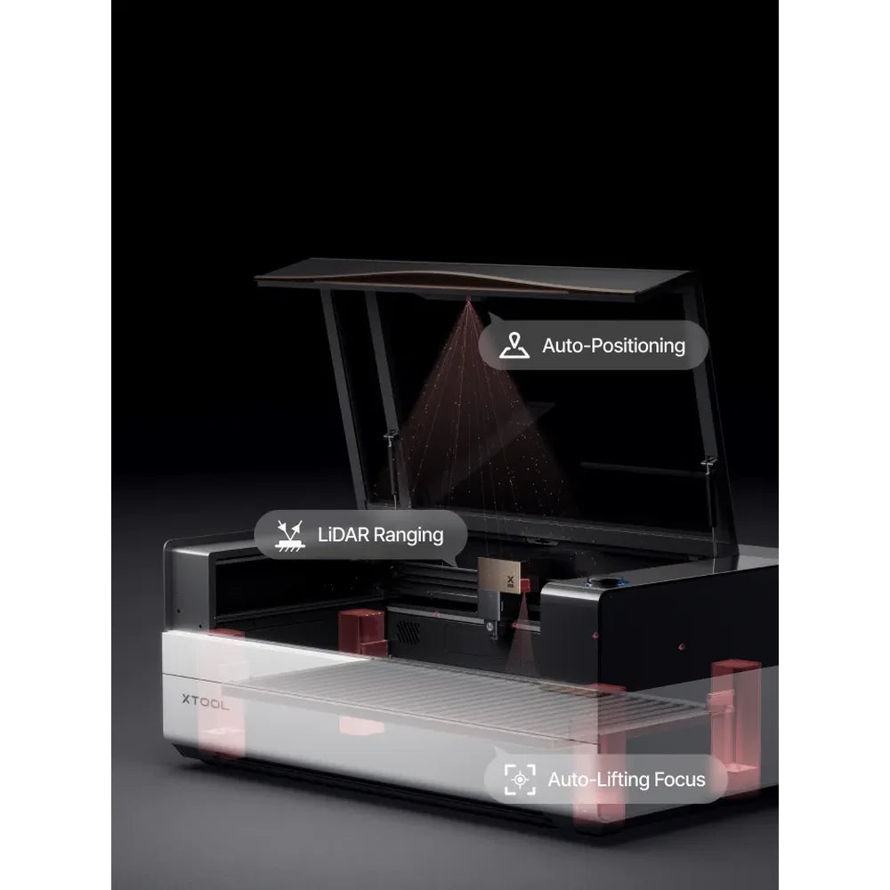 Open xTool P3 CO2 Laser Cutter labels automatic positioning, LiDAR ranging, and motorized focus