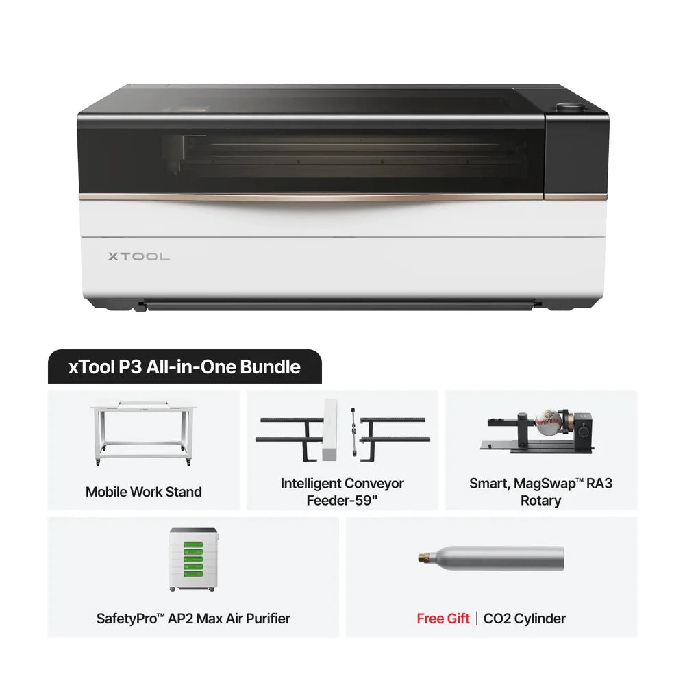 xTool P3 All-in-One Bundle includes the machine, stand, conveyor, RA3, AP2 Max, and CO2 cylinder
