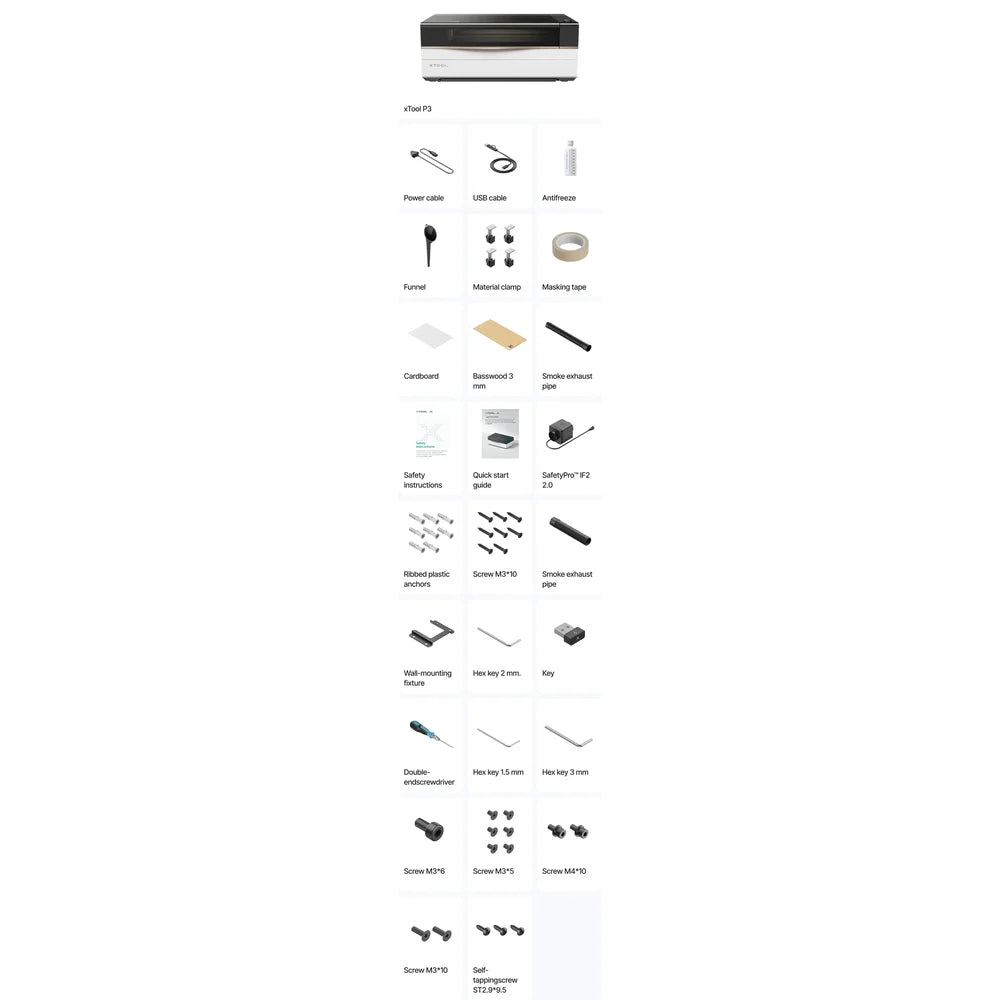 Tall box-content chart for xTool P3 dimensions lists cables, clamps, IF2 2.0, tools, hardware, and samples