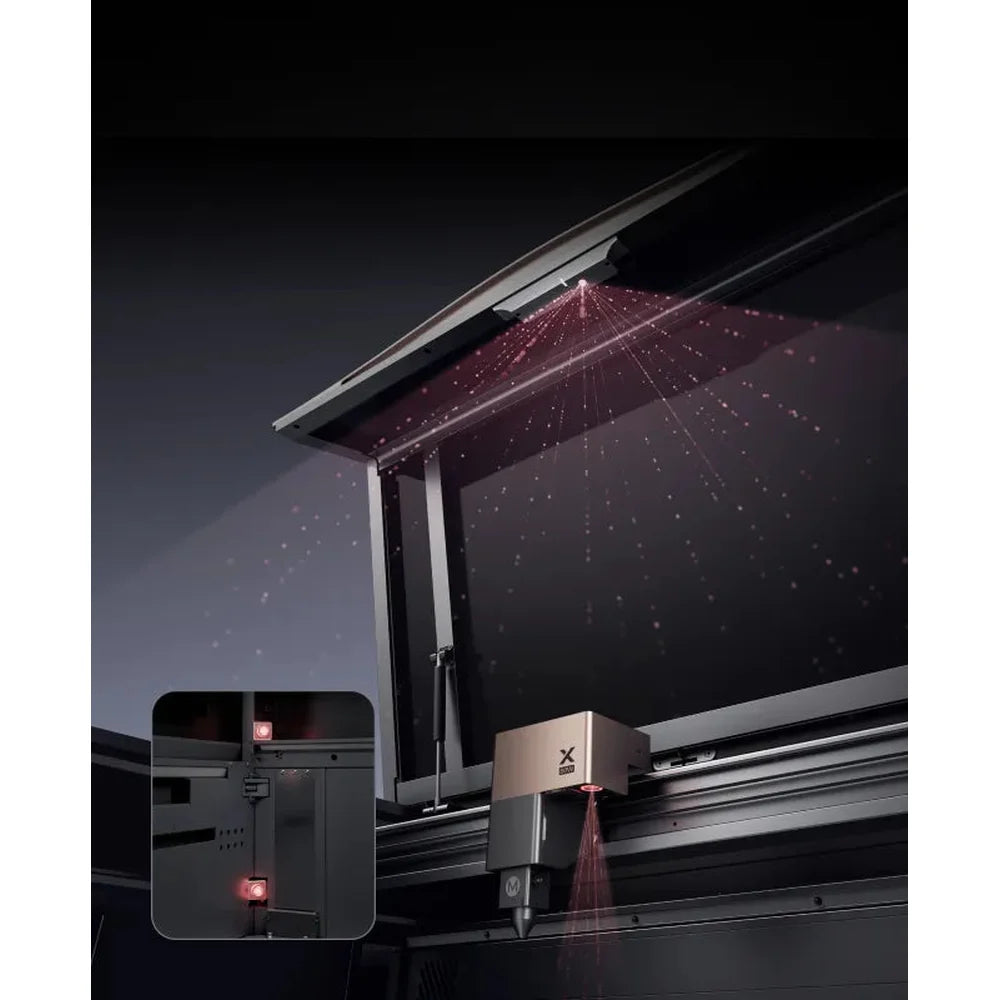Open xTool P3 80w camera diagram shows overhead, close-range, and side viewing positions