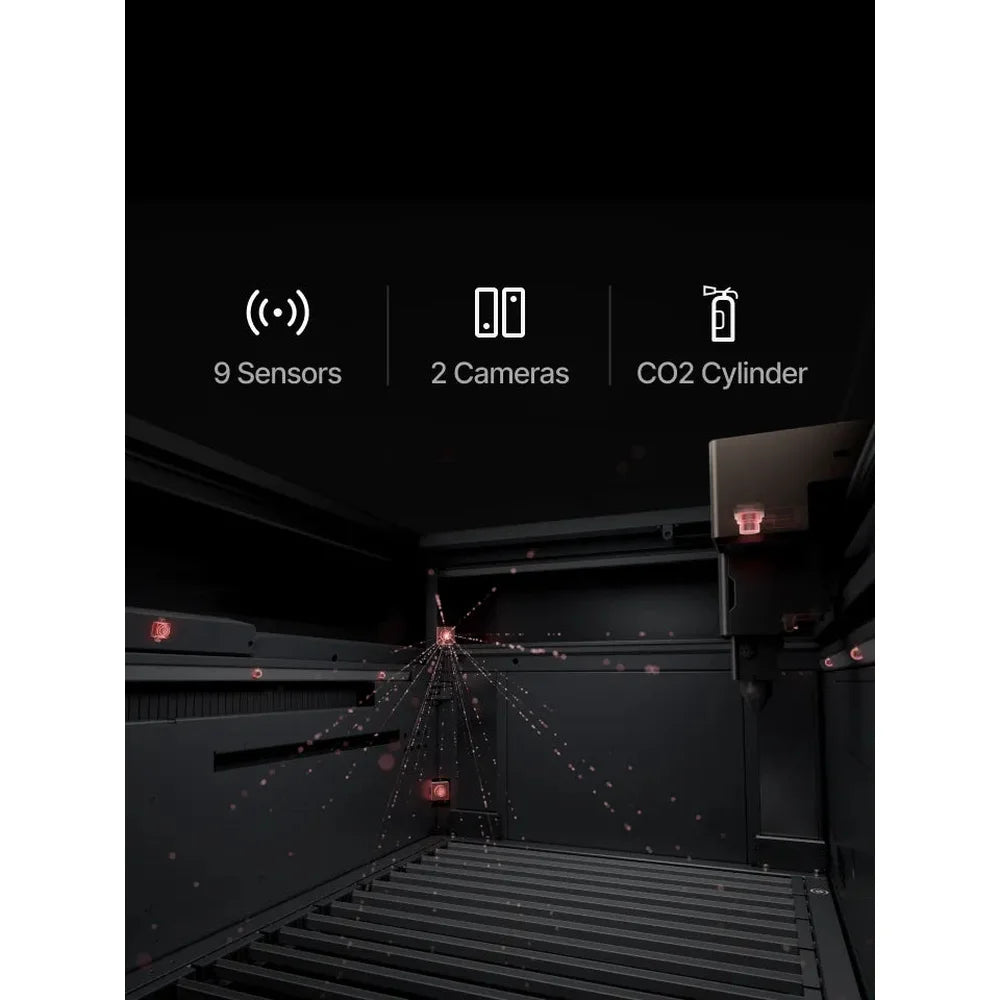 Interior safety layout for xTool P3 laser identifies nine sensors, two cameras, and a CO2 cylinder