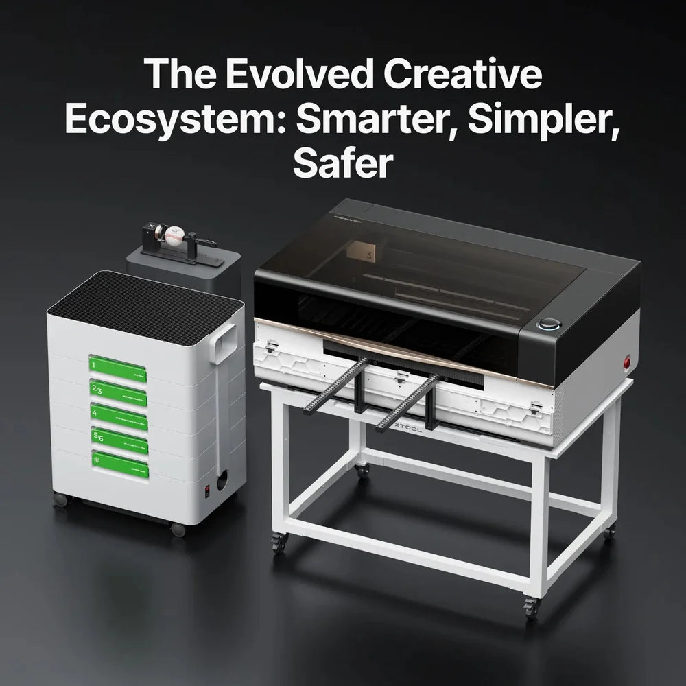 xTool P3 laser shown with its mobile stand, conveyor rails, RA3 rotary, and AP2 Max purifier