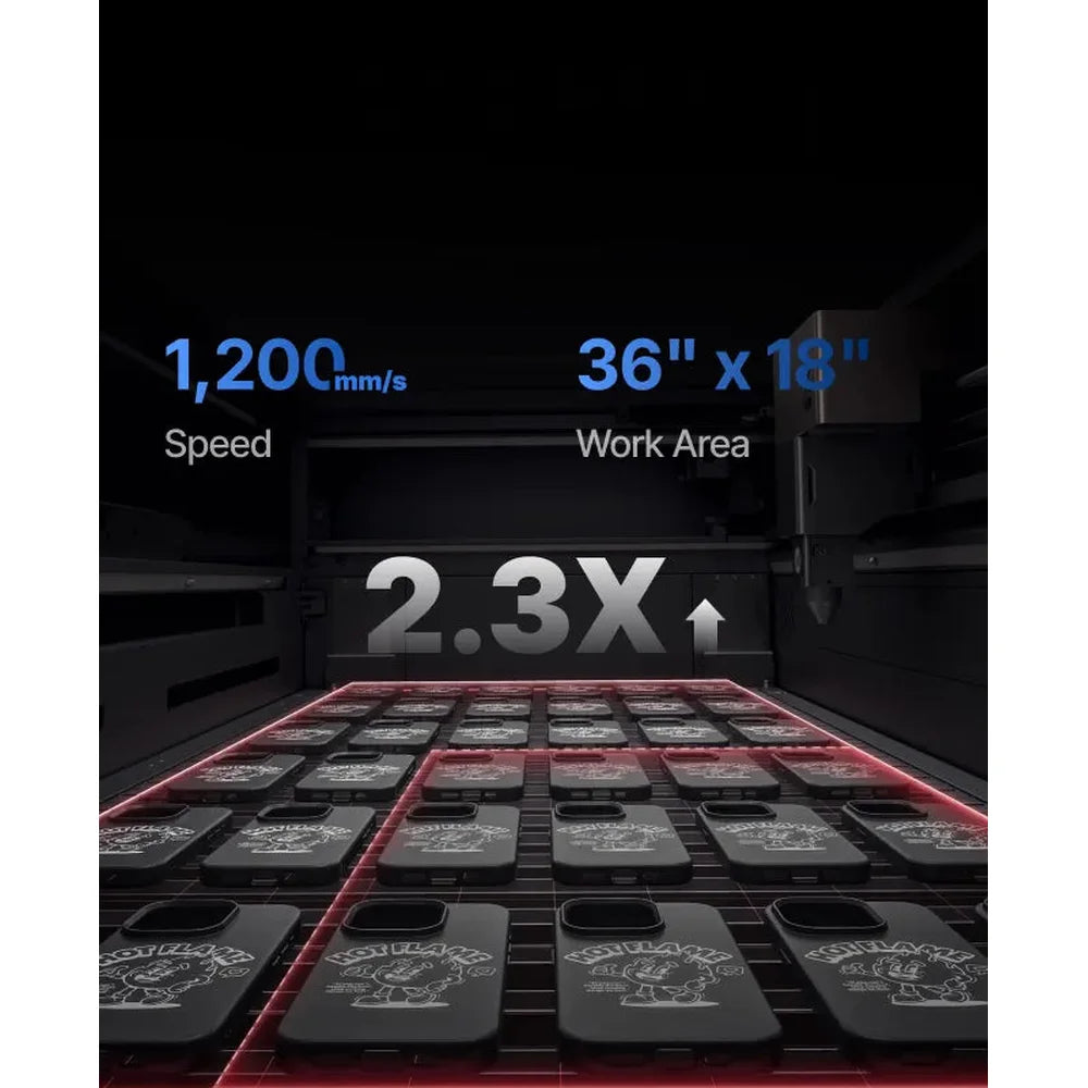 xTool P3 CO2 Laser Cutter bed graphic marks 1200 mm/s speed and a 36 by 18 inch work area