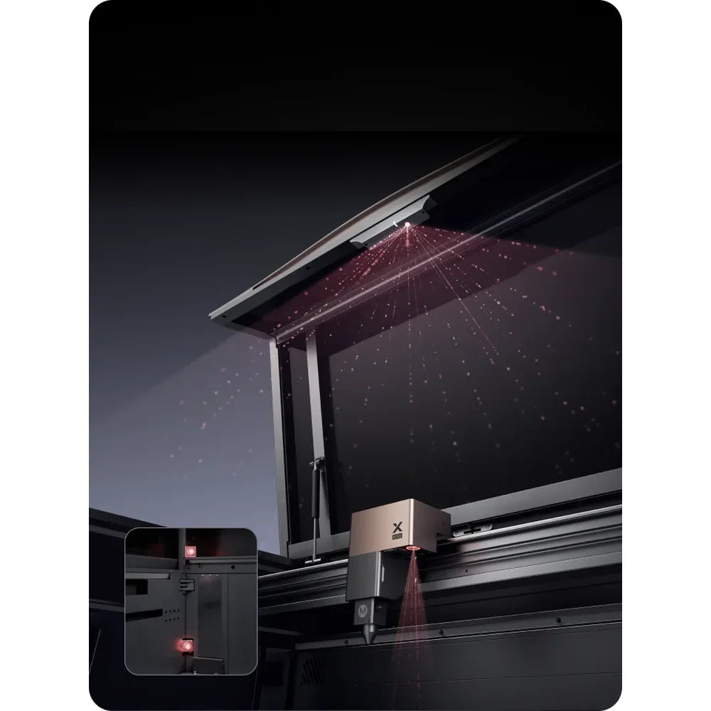 Camera coverage inside xTool P3 laser shows overhead, close-range, and side viewing hardware
