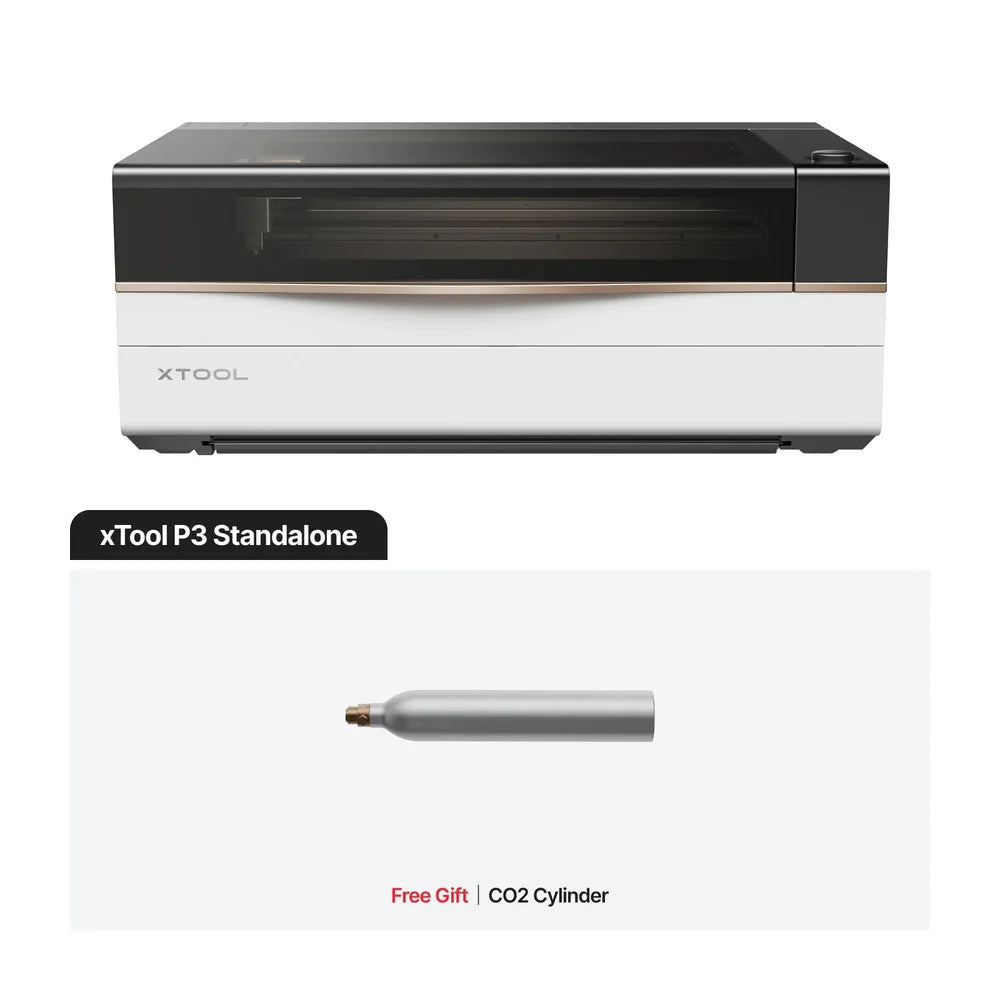 Straight-on xTool P3 CO2 Laser Cutter Standalone package shown with its included CO2 cylinder