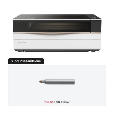Straight-on xTool P3 CO2 Laser Cutter Standalone package shown with its included CO2 cylinder