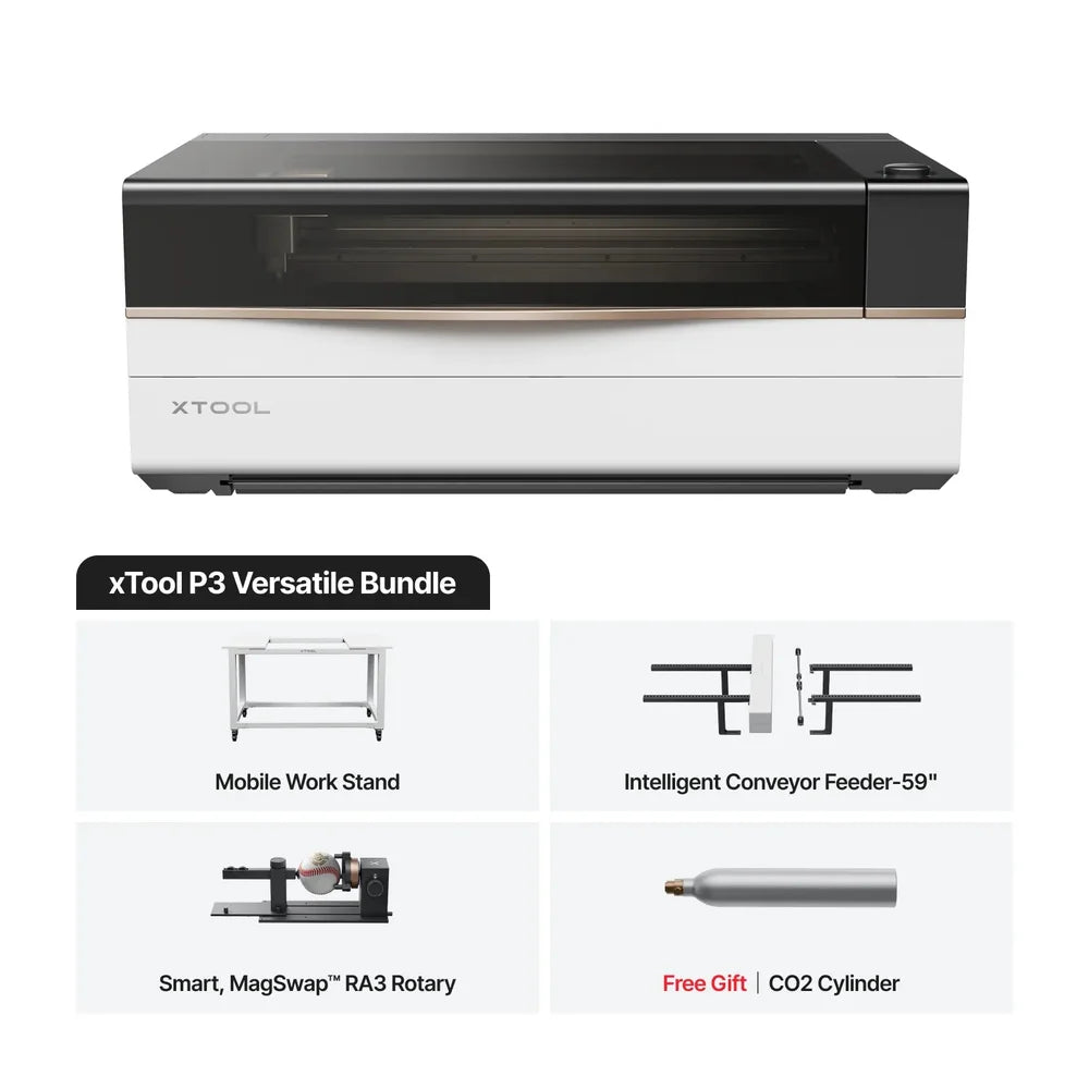 xTool P3 Versatile Bundle includes the machine, mobile stand, conveyor, RA3 rotary, and CO2 cylinder
