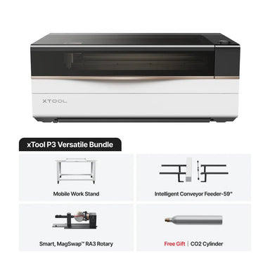 xTool P3 Versatile Bundle includes the machine, mobile stand, conveyor, RA3 rotary, and CO2 cylinder