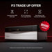 Trade-up panel for xTool P3 CO2 Laser Cutter displays 80W power, workspace size, ACS, and a reward badge