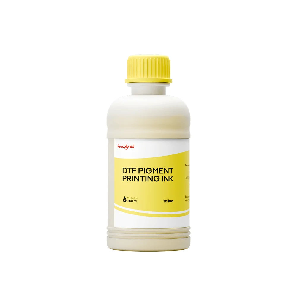 Yellow 250 ml bottle of Procolored DTF Ink with a yellow cap and color-coded front label