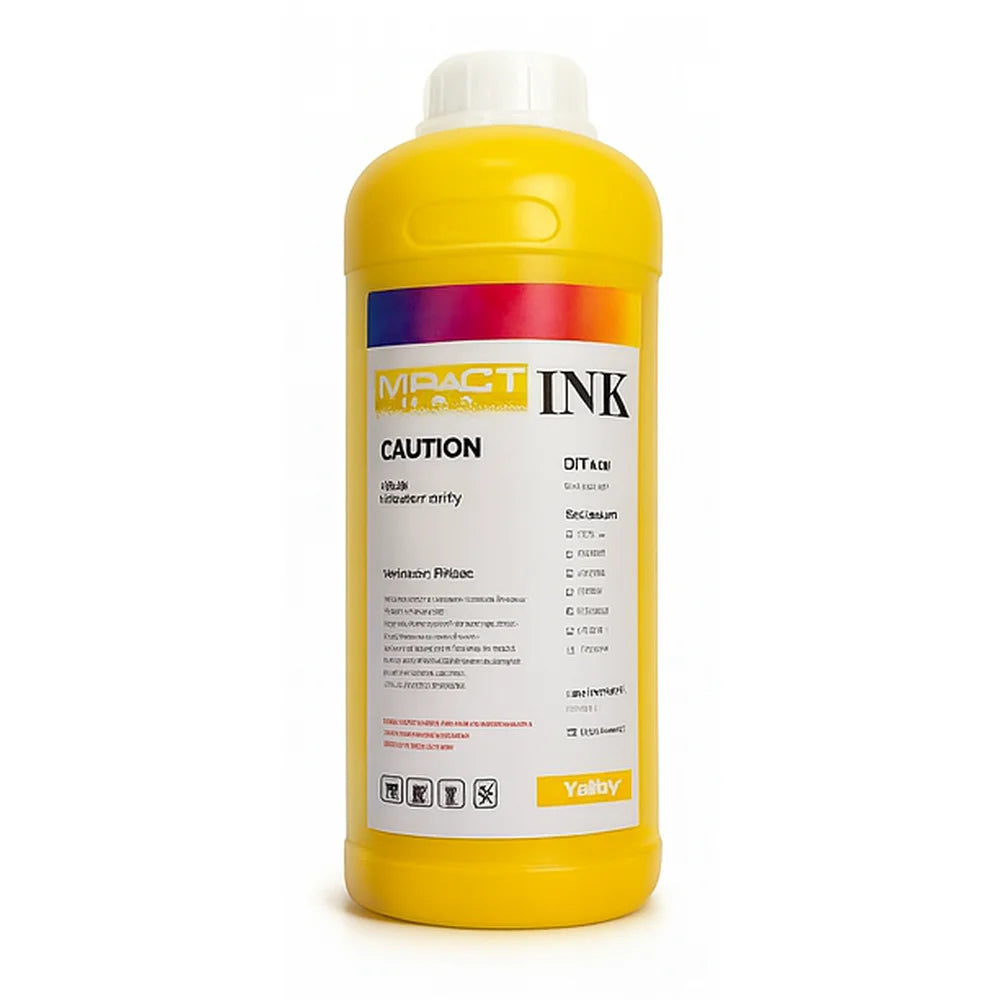 Yellow Impact Prime DTF CMYK-W Ink 1kg bottle with a white cap and front color label on white