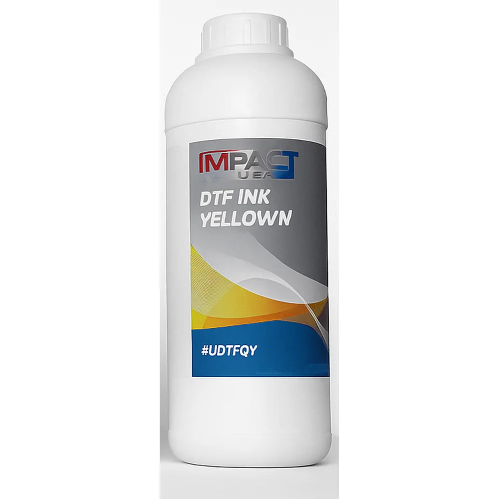 Front view of the yellow Impact Quantum DTF CMYK-W Ink 1kg bottle with gold and orange label waves