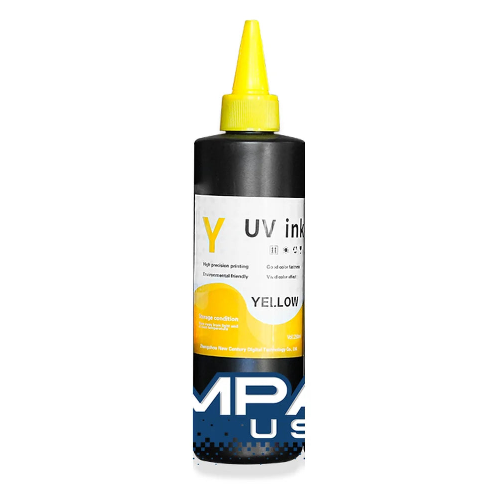 Yellow Impact 250ml Hard Substrate UV Ink bottle with matching nozzle cap and bright front color panel