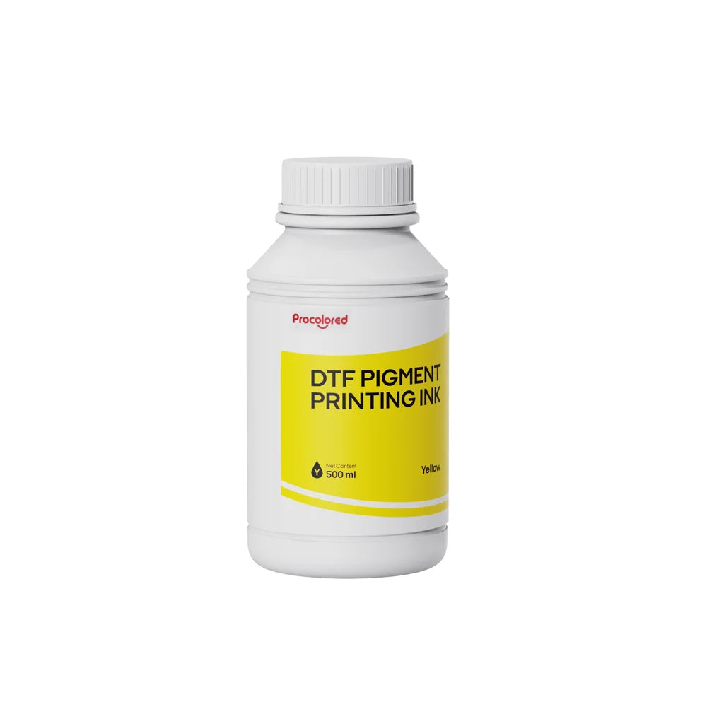 Front view of yellow Procolored 500ml Direct to Film Ink in a white bottle with yellow label