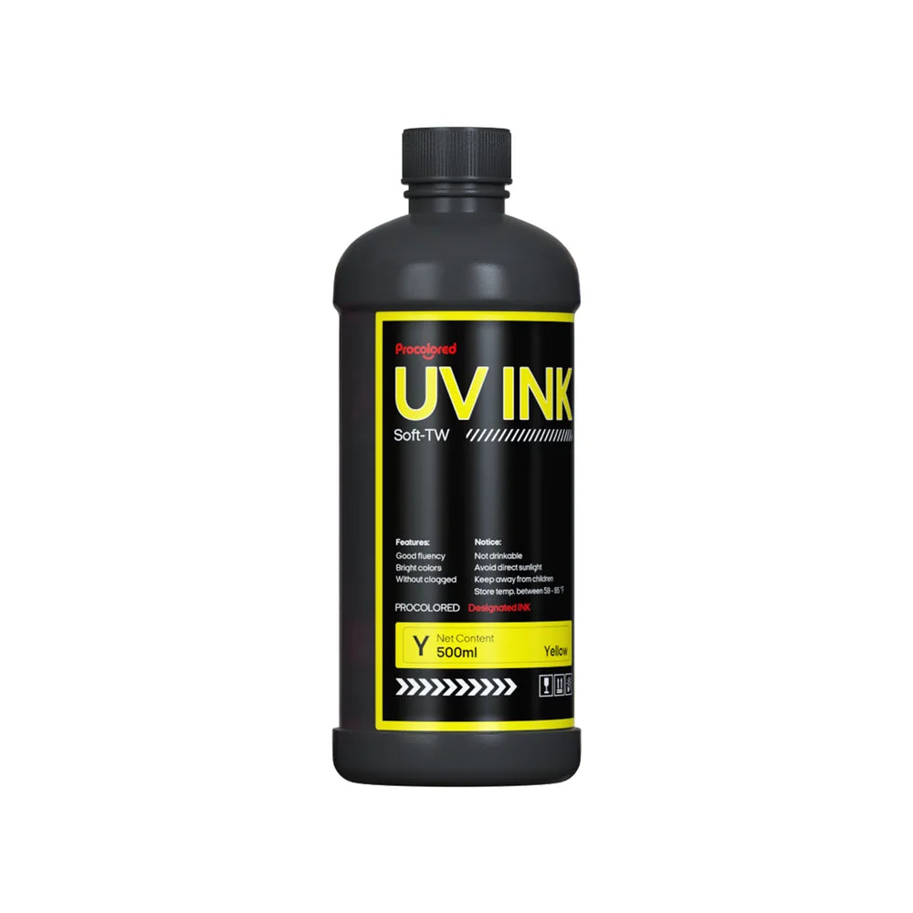 Front-facing yellow bottle of Procolored UV DTF Printer Ink 500ml with color-coded label trim